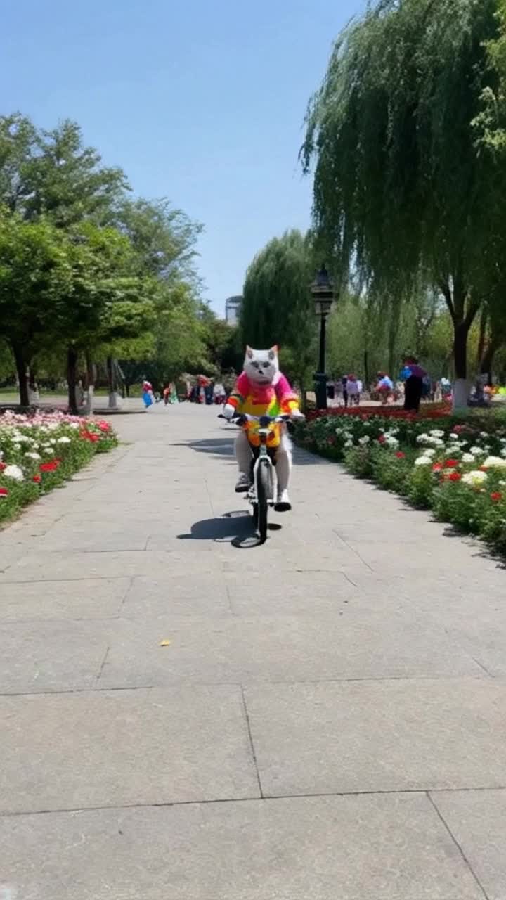 Playful feline in a vibrant cat suit gracefully pedals a colorful bicycle through a lively park surrounded by blooming flowers and towering trees with children laughing and playing in the background under a bright blue sky shimmering with sunlight