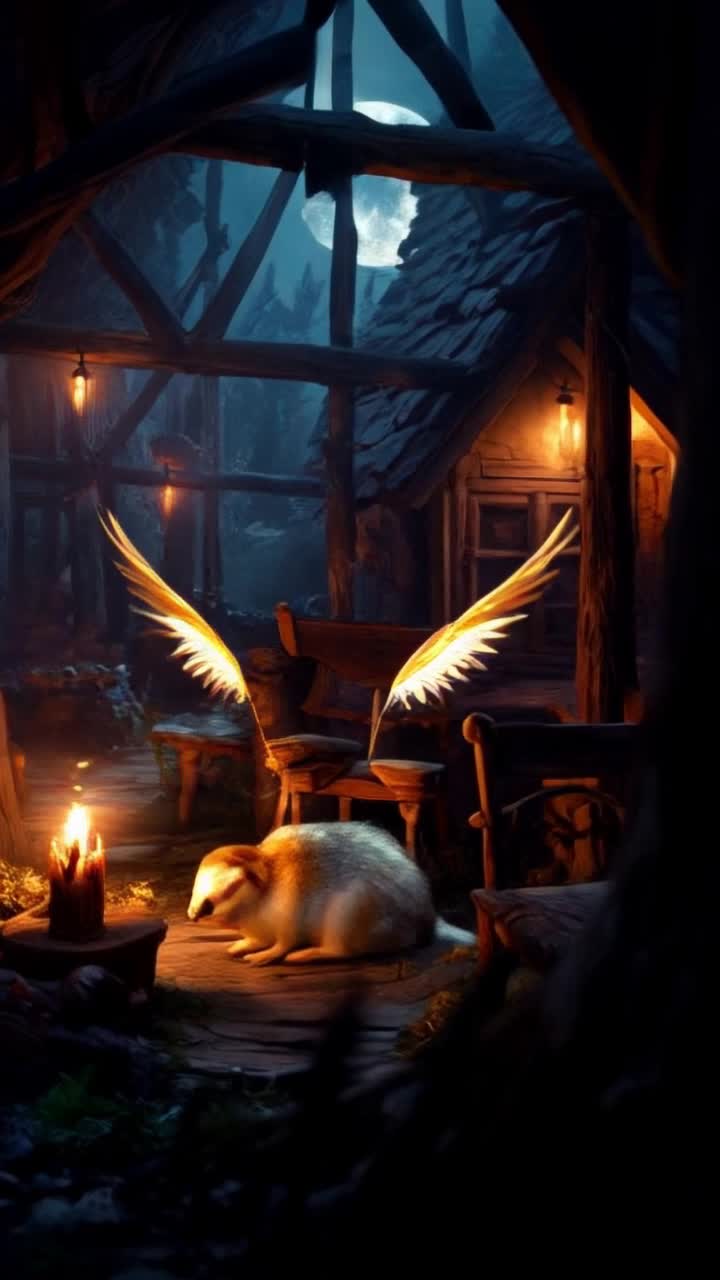 Flickering candlelight casts warm shadows inside a rustic cabin, filled with memories of celestial battles and ancient choices Above, shimmering wings unfurl, the golden feathers glinting as Titus steps into the twilight, his heart heavy with purpose Outside, the air is thick with the scent of pine and freshly turned earth, vibrant night creatures stirring Little River Gem awakens with joy, greeted by an enchanted otter shimmering beside her in the moonlight Laughter dances through the trees as children play nearby, a football magically inflating midair Darkened feathers, hope, and ambition swirl, weaving a tapestry of guardianship, love, and destiny