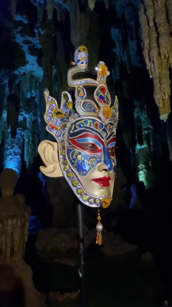 Intricately designed mask resembling ancient warrior face adorned with vibrant gemstones and elaborate carvings glimmers in flickering torchlight rotates slowly revealing hidden details Surrounding it, dimly lit cavern filled with stalactites and echoes of dripping water creates an air of mystery adding to its allure