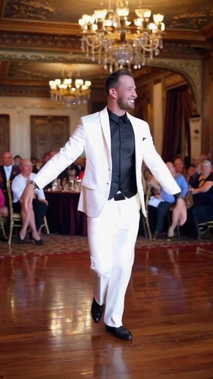 Elegant man in a crisp white suit twirling gracefully under shimmering lights Energetic dance movements radiating joy and passion Vintage ballroom with ornate chandeliers and polished wooden floor reflecting the warmth of the crowd