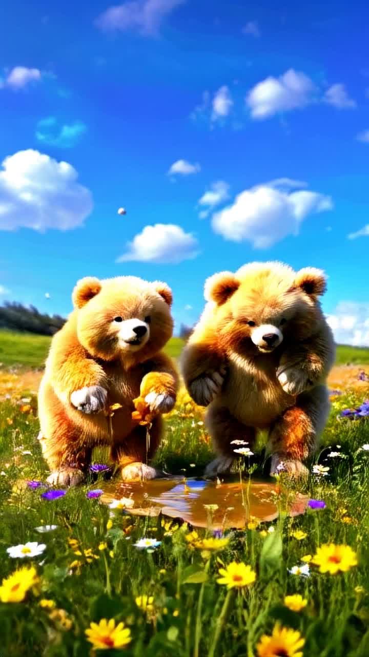 Fluffy golden bears surrounded by buzzing bees gently floating in the air Honey drips slowly from shaggy paws creating glistening puddles on sunlit grass A vibrant meadow filled with wildflowers dances in a warm breeze under a bright blue sky with fluffy white clouds