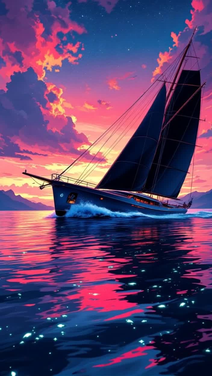 A huge yacht gently drifts, as sunset becomes twilight phosphorescent life glows just under the surface of the calm water reflecting the clouds and stars rippling under the night sky, the yacht transforms as black sails quickly unfurl, into a fast paced schooner and speeds out of view