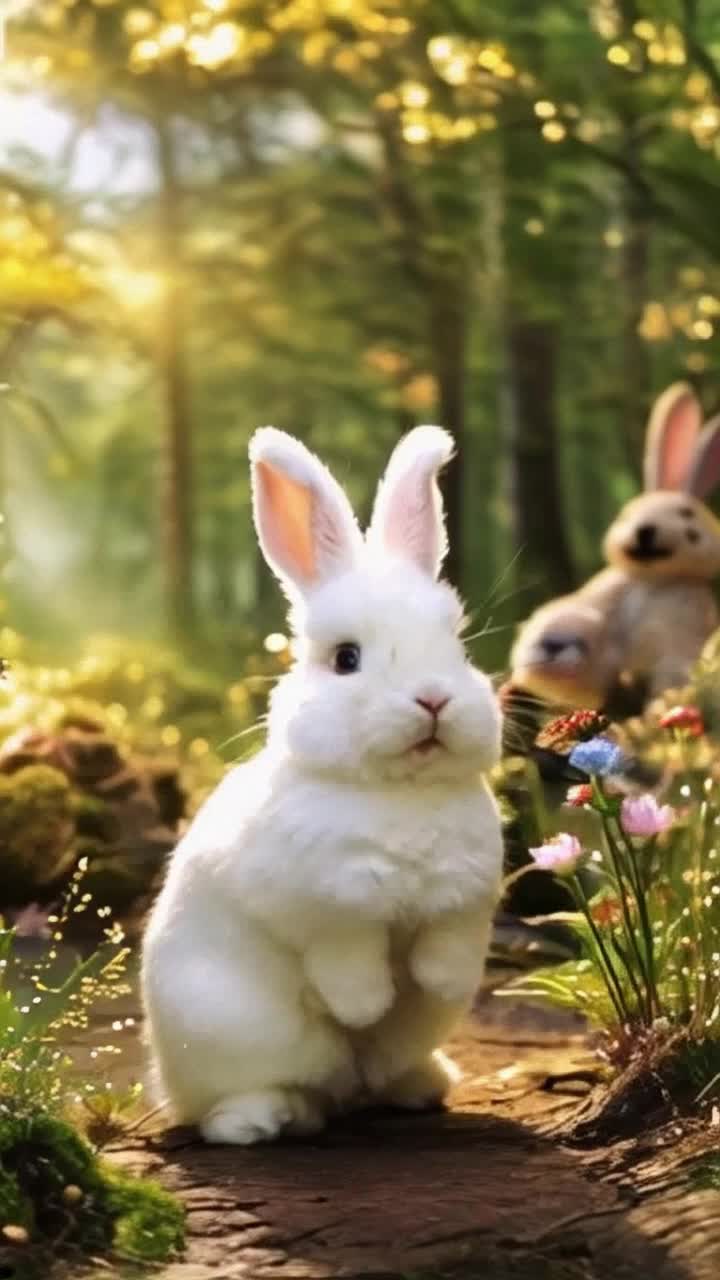 Vibrant plush rabbit with shimmering fur accompanied by a diverse group of whimsical forest creatures A bold leap into the air filled with excitement and confidence Lush enchanted forest bathed in golden sunlight with sparkling flowers swaying gently creating a magical atmosphere