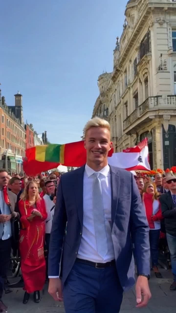 Charismatic politician with striking blonde hair confident smile strides forward under bright Dutch flag waves energetically in the wind making bold promises to a receptive crowd Lively supporters cheer passionately holding colorful banners and flags showcasing national pride Vibrant streets of Amsterdam bustling with activity surround the scene historic architecture framing the backdrop as orange tulips bloom in nearby gardens adding a festive flair to this momentous occasion