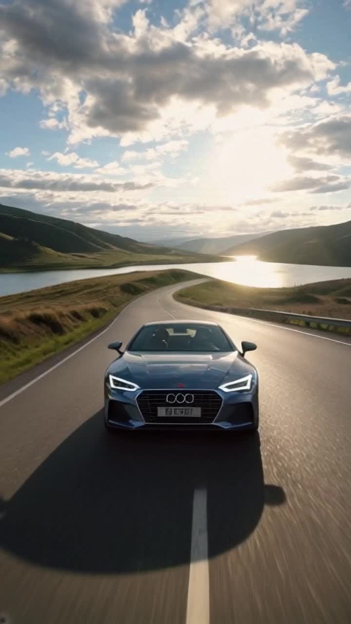 Man in sleek Audi RS Etron GT gripping steering wheel speeding effortlessly along winding highway Radiant sun casting golden hues on unfolding landscape dotted with lush green hills and shimmering lakes Majestic clouds drifting lazily overhead as wind rushes past creating a sense of freedom and exhilaration