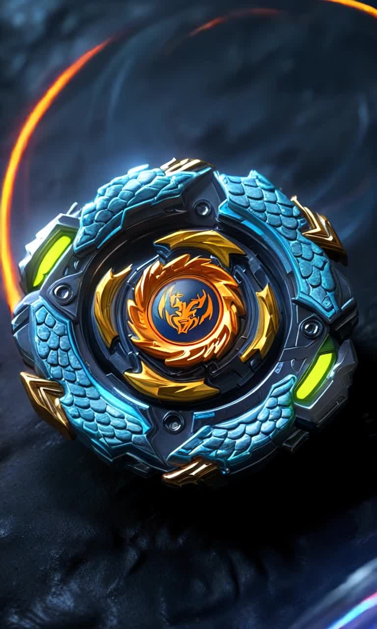 Vibrant spinning beyblade glimmering in sunlight mystical avatar rising from energy swirl intricate dragon blades forged from ancient metal glowing with fierce colors surreal landscape backdrop filled with swirling clouds electric energy crackling in the air tension building as spinning motion accelerates shadowy figures watching from afar anticipation grows in this fantastical arena vibrant colors dance as the battle begins