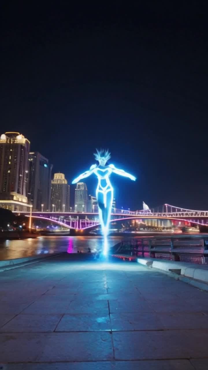 High vibrational warrior with spiky hair erupts into dynamic motion soaring through the vibrant neon-lit night sky atomic blue energy radiating from his powerful form showcasing trails of light illuminating the surrounding darkness as towering Venetian architecture rises majestically below shimmering in the electric glow creating a breathtaking contrast between ancient beauty and modern energy