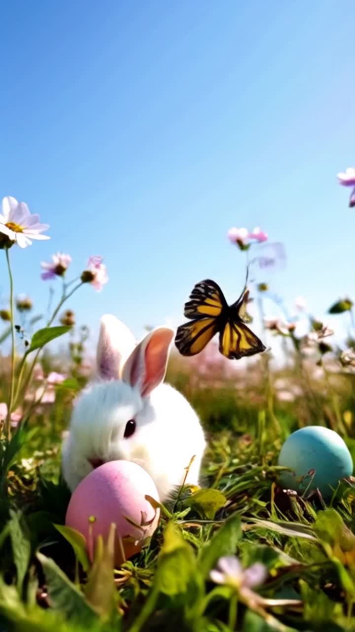 Vibrant pastel eggs nestled in soft, lush grass slowly cracking open revealing tiny fluffy bunnies hopping out with enthusiastic wiggles Sunlight pours down illuminating their downy fur as they excitedly explore the world around them Blossoming wildflowers create a picturesque backdrop swaying gently in a warm breeze while birds chirp melodious tunes above Playful butterflies flutter around adding splashes of color to the scene as the bunnies tumble and bounce in sheer joy A clear blue sky stretches overhead completing this enchanting springtime tableau filled with life wonder and warmth