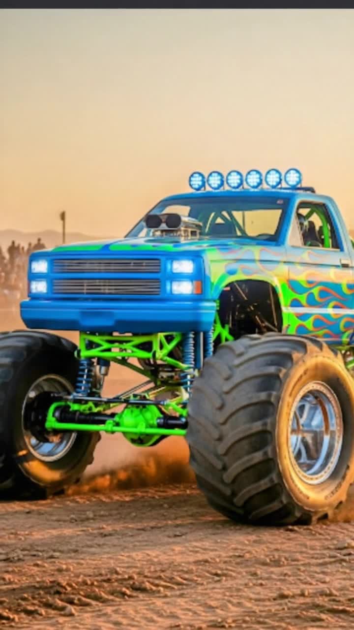 Cinematic portrait  of a stunning monster truck gliding over rugged terrain at golden hour Massive chrome wheels spin as it crushes dirt and kicks up clouds, glowing in dramatic sunlight Its electric blue body gleams with neon green accents, sleek curves, and flame decals Custom LED lights flash as it roars past cheering crowds in slow motion The camera glides around the truck, capturing low angle shots of the lifted suspension and polished engine Background fades into warm sunset hues and flying dust, giving it a heroic, inspiring presence