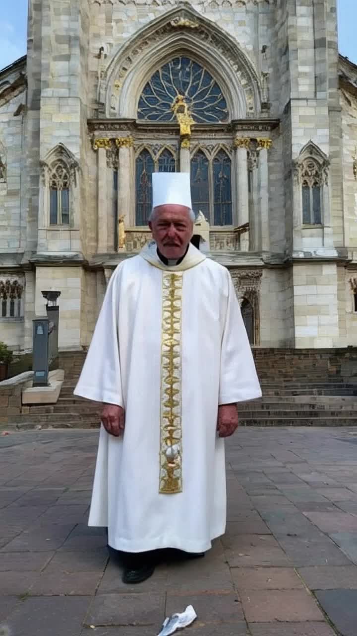 An old man in a satin white robe embroidered with gold images of fish, wears a fish on his head, just like a pope hat His human face falls to the ground wear he steps on it with repulsion and then his church he proudly stands in front of falls on him