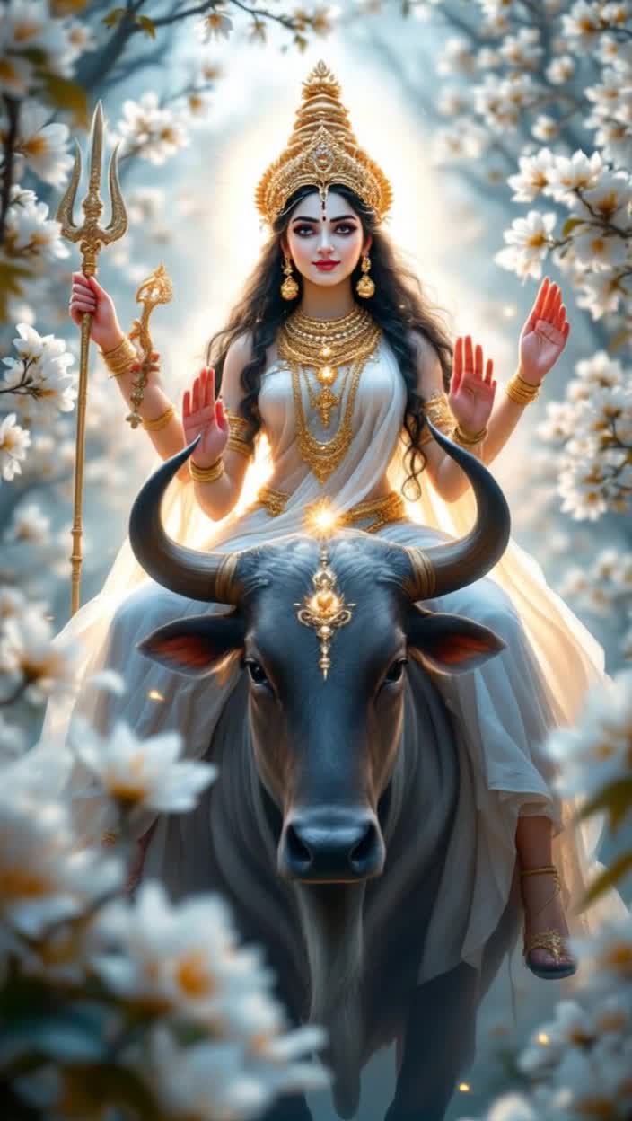 Goddess Mahagauri radiating divine beauty at sixteen with an ethereal fair complexion shimmering like moonlight Four graceful hands adorned with a Trishul in one right hand the second in Abhaya Mudra holding a Damaru in the left with the other in Varada Mudra Elegantly draped in flowing white garments symbolizing purity Ascending on a magnificent bull symbolizing strength Surrounded by blossoms of Kunda illuminating the scene with soft hues of white and gentle light invoking a serene atmosphere Celebrated during Navratri evoking an aura of devotion and reverence wrapping the setting in vibrant energy