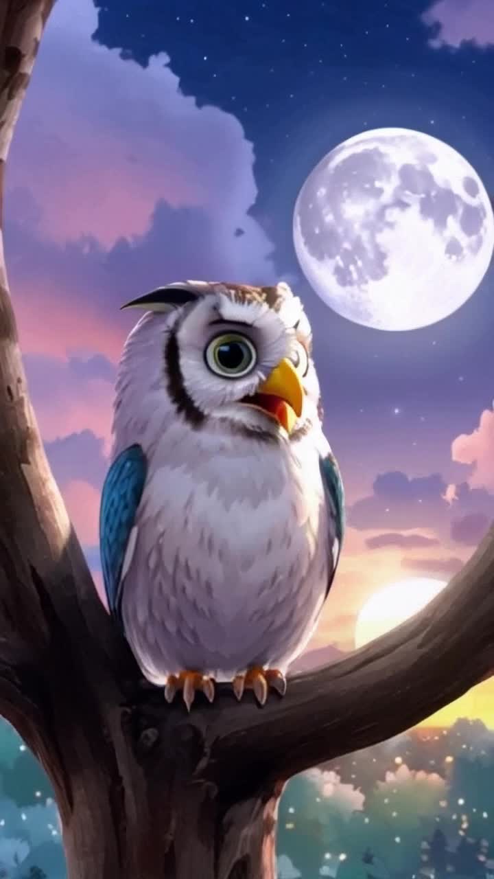 A cute cartoon owl sitting in a tree turns its head 360 degree Pastel colors, whimsical early evening, the full moon is out and the sun sun is still setting half within the horizon Turns its head and looks surprised 