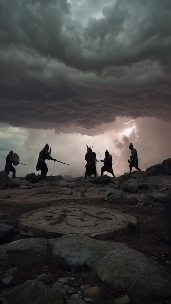 Heroic warriors clash fiercely beneath a dramatic twilight sky swirling with ominous clouds flickering with energy Ancient symbols spark and illuminate the chaos around them Dust and crumbling stone rise like specters creating a rugged arena of valor where legends are forged