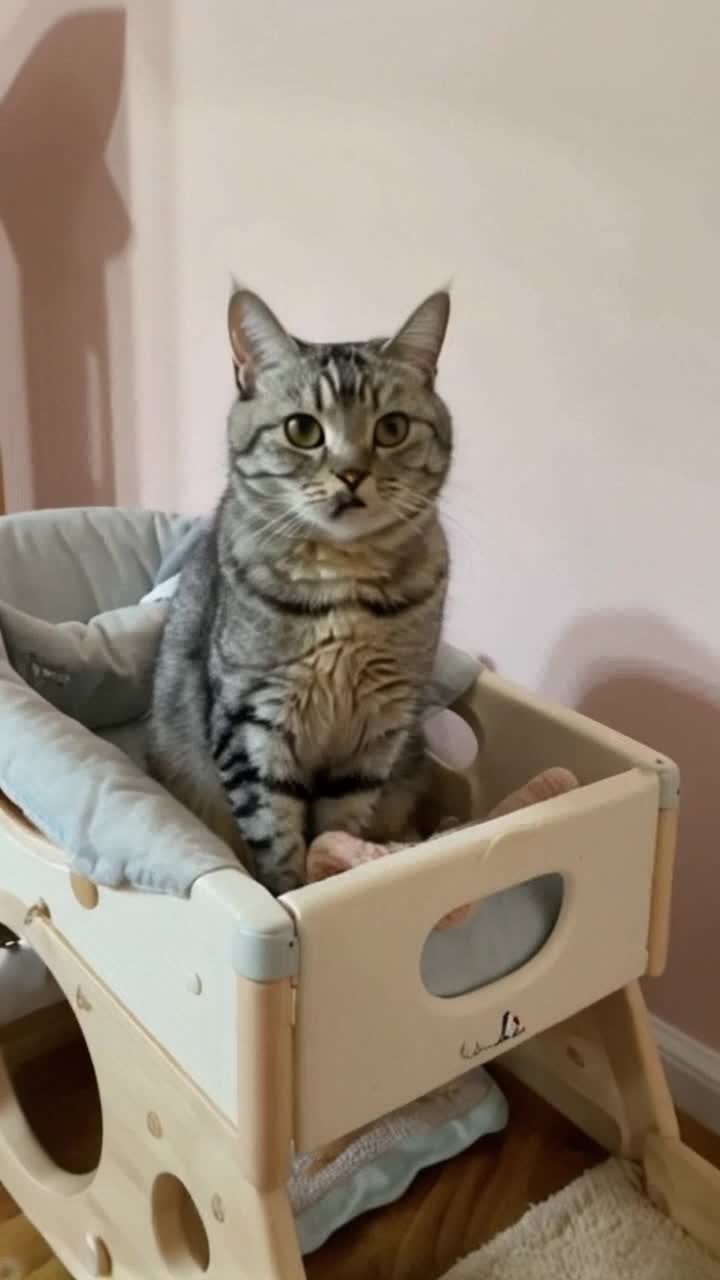 A cat that knows what is going on, yet has clever plans of its own, sits up in a BABY CRADLE, unblinking, focused on every detail, at attention, then leaps out in surprise attack against villainy