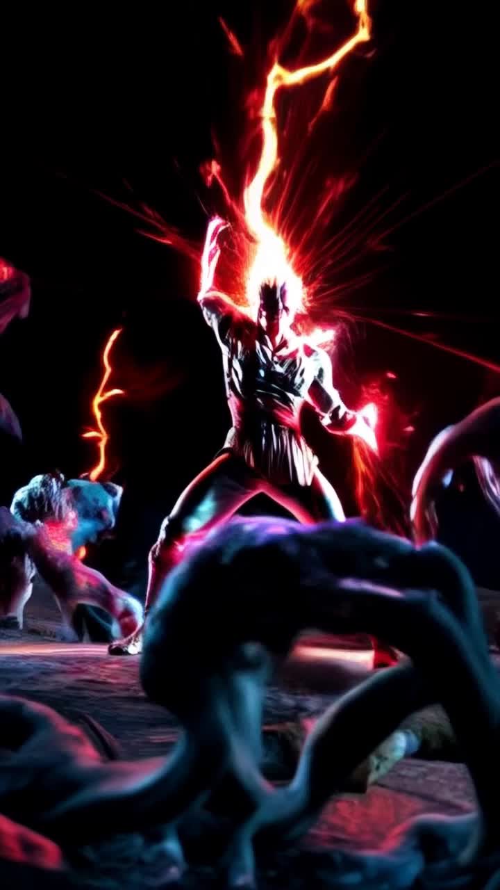 Chosen warrior radiating brilliant atomic red energy surrounded by fierce demons with twisted features unleashes powerful martial arts strikes in dynamic motion Vivid iridescence bursts around as energy bands spiral outwards exploding in a dazzling display Low angle perspective enhances the action showcasing spiky hair glinting under red gel lighting Dark