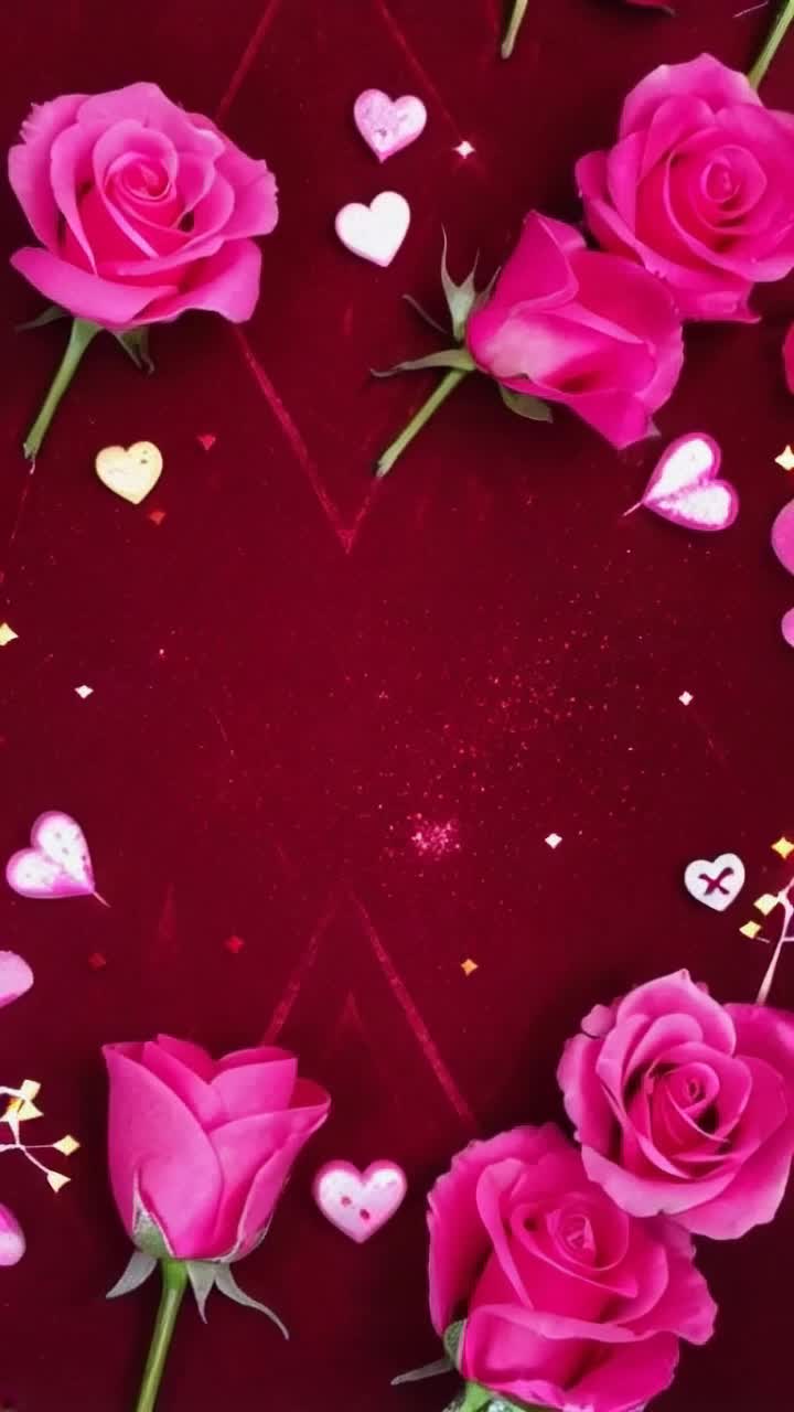 Dark red background with pink roses, hearts and diamonds, sparkles