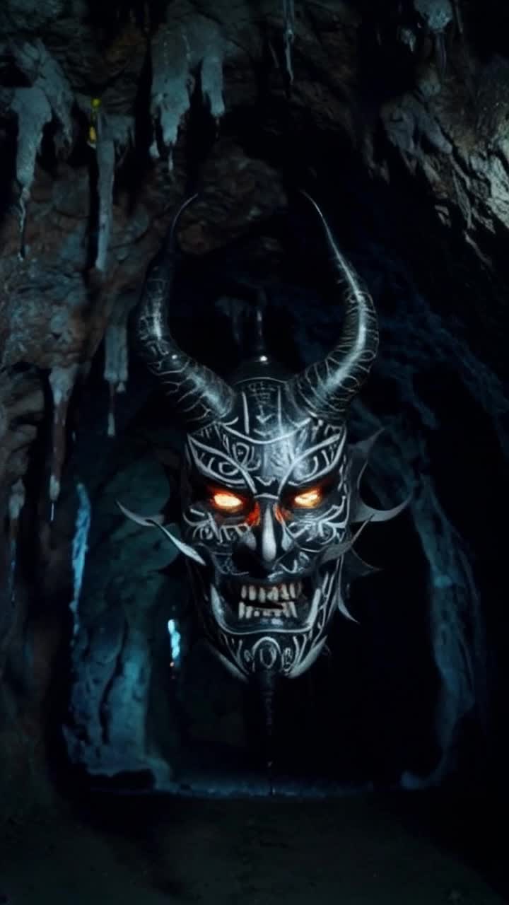 Sinister black and white mask adorned with twisted horns piercing sharp teeth glistening with dark sludge haunting glowing evil eyes filled with malice intricate engraved runes spiraling across surface emanating an aura of dread menacingly advances towards viewer shadows flickering in dimly lit cavern stone walls slick with moisture echoing distant dripping sounds whispering secrets of ancient curses