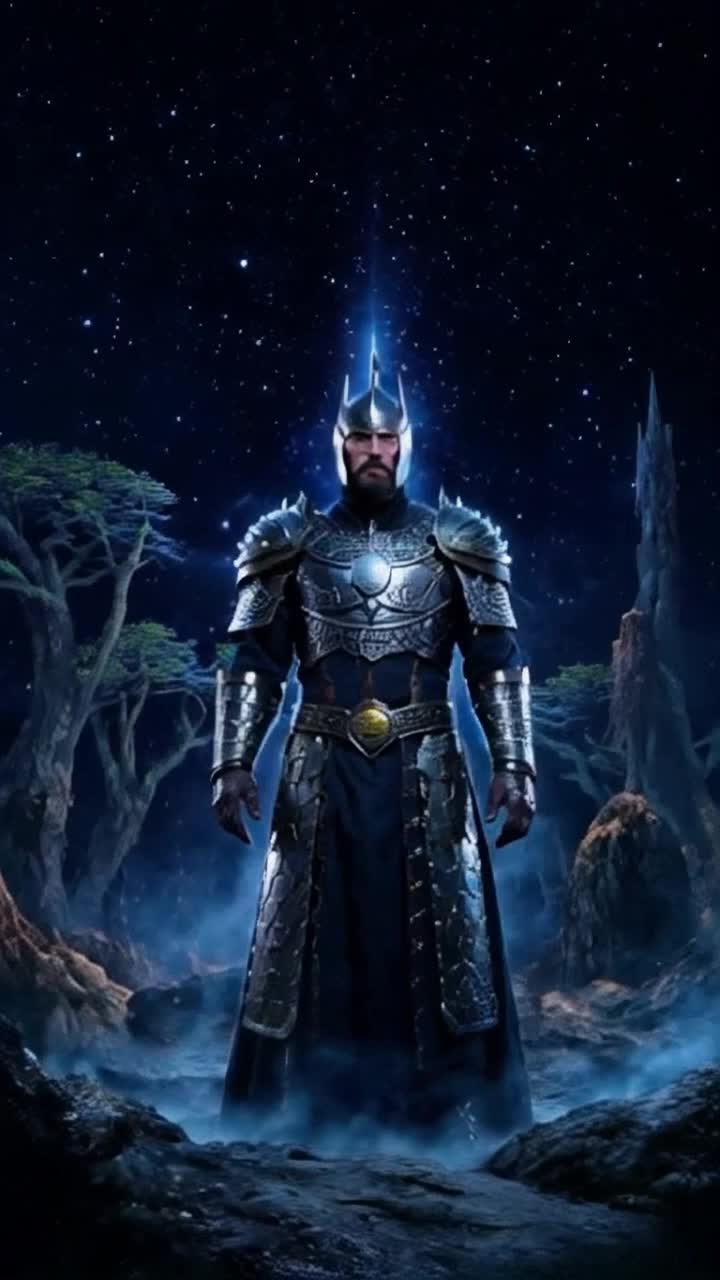 Brave warrior cloaked in shimmering armor adorned with cosmic engravings steps forth from swirling shadows piercing gaze hunting for prey powerful energy pulsating like a lighthouse illuminating darkened surroundings ethereal mist swirling around ancient trees towering in the background starlit sky casting mystical glow on the scene