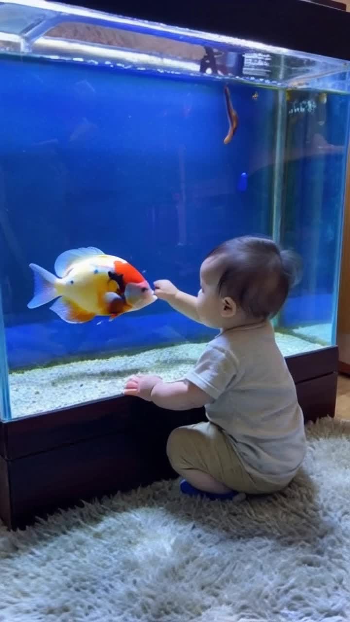 Toddler Riyan joyfully sitting on a plush carpet gazing at a lively Flowerhorn fish named Dodo swimming in a colorful glass aquarium Gentle taps on the glass awaken Dodo who dances toward him surrounded by tiny bubbles shimmering in morning sunlight Riyan tumbles while playing with a ball his expression crumpling into tears as shadows deepen around him Dodo swims closer pressing against the glass offering silent comfort their eyes locking in a moment of understanding Riyans frown transforms into a radiant smile as he places his hand on the glass Dodo twirls with happiness brightening the atmosphere as calming music fades out peacefully with Riyans toy by his side