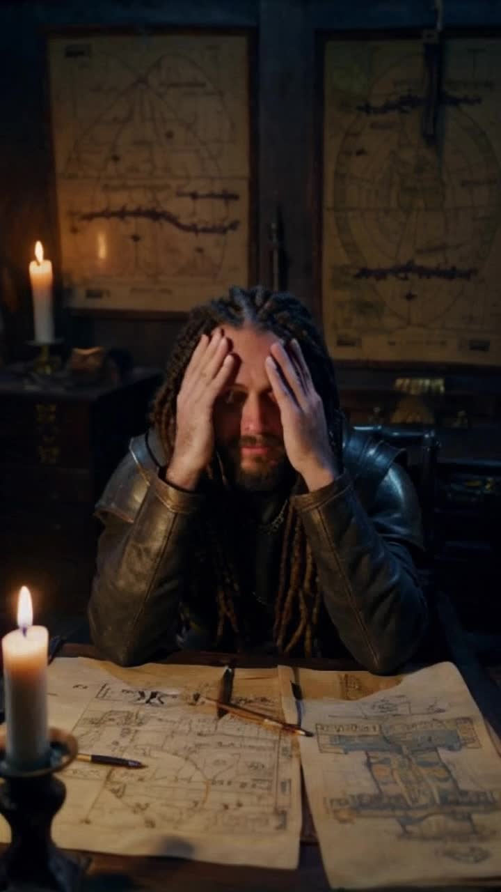 Viking warrior with long disheveled braids weary eyes sunken from fatigue slumped over a cluttered wooden desk Action rubbing temples sighing deeply pushing through exhaustion Background dimly lit candlelit room scattered sketches parchment filled with intricate designs walls adorned with Norse artifacts ancient maps revealing paths to Valhalla