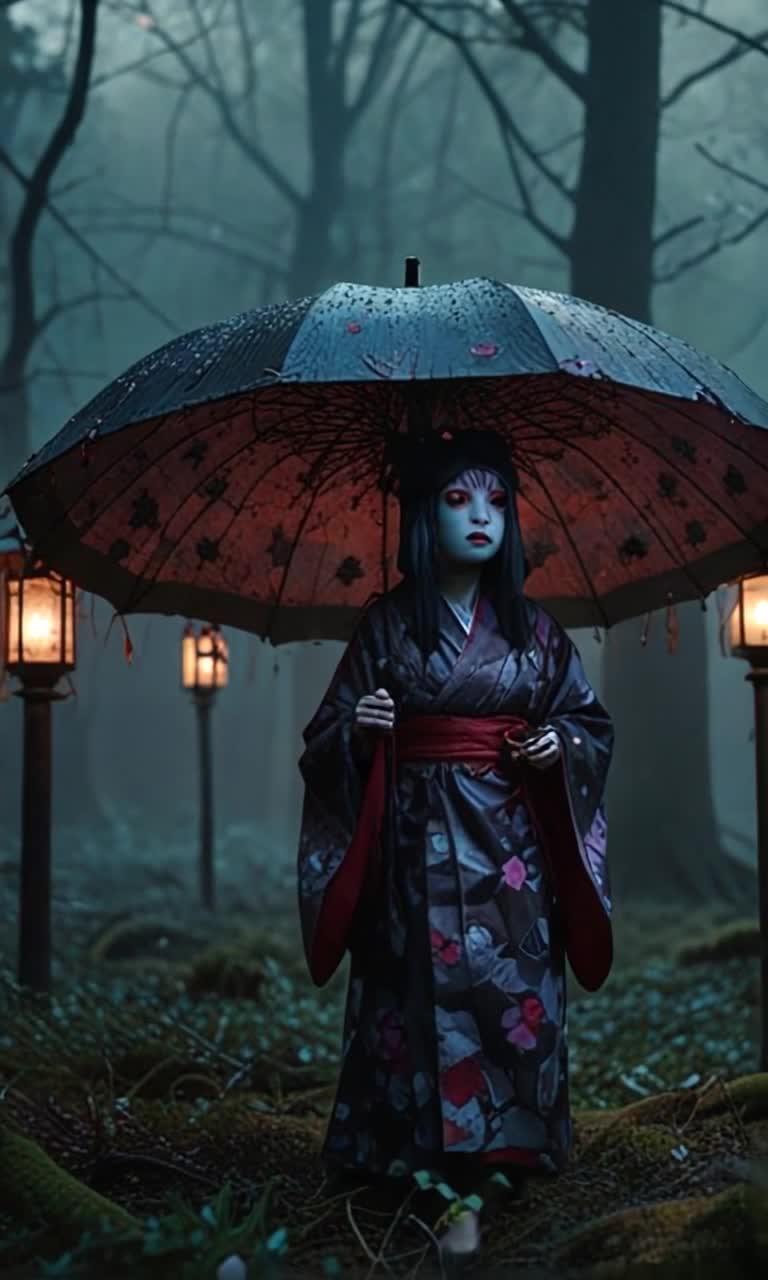 Elegant woman with dark hair adorned in an intricately styled traditional kimono features whimsical eerie designs intertwining florals with dark tones glides gracefully through a surreal forest oversized cherry blossoms loom above twisted trees sway gently floating lanterns cast a soft glow dim lighting enhances high contrast creating a moody atmospheric scene infused with vintage 1980s cinematic nostalgia film grain dances across muted colors mystical ambiance envelops her whimsical presence wrapped in shadows hints of magic fill the air whispering dark secrets throughout the enchanted grove