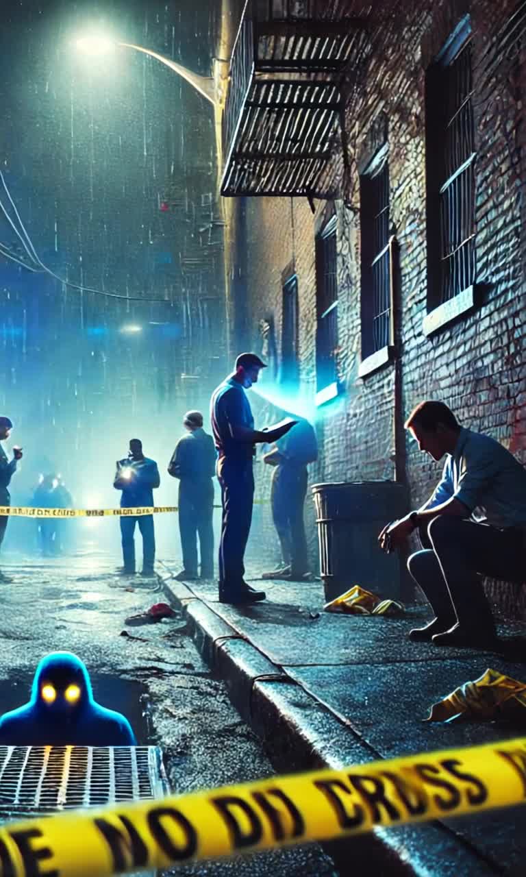 Dimly lit alleyway in St Louis at night flickering neon signs illuminating shadows Investigating detectives crouch near ominous bloodstains snapping photos whispering urgent theories Crime scene tape flutters dramatically in cold night breeze police lights flashing red and blue reflecting off slick pavement News reporter gesturing animatedly into microphone nearby gathering crowd watching intently Unseen hidden figure lurking in storm drain glowing eyes blinking slowly watching every moment rise and fall of breath perfectly still tension building in the air