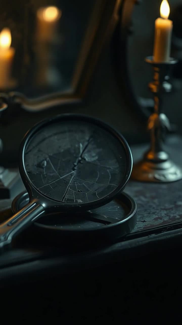 A cracked hand mirror rests atop a decaying vanity, its surface blurred by time and sorrow Faint streaks run down the glassas if tears had been shed into its reflection On the wooden surface below, dried droplets shimmer faintly, frozen midfall A lace handkerchief lies beside it, yellowed and brittle with age The room is dim, lit by a single candle unable to hold back the shadows The atmosphere is suffused with quiet mourninga grief that lingers like a perfume Gothic, melancholic, and intimate