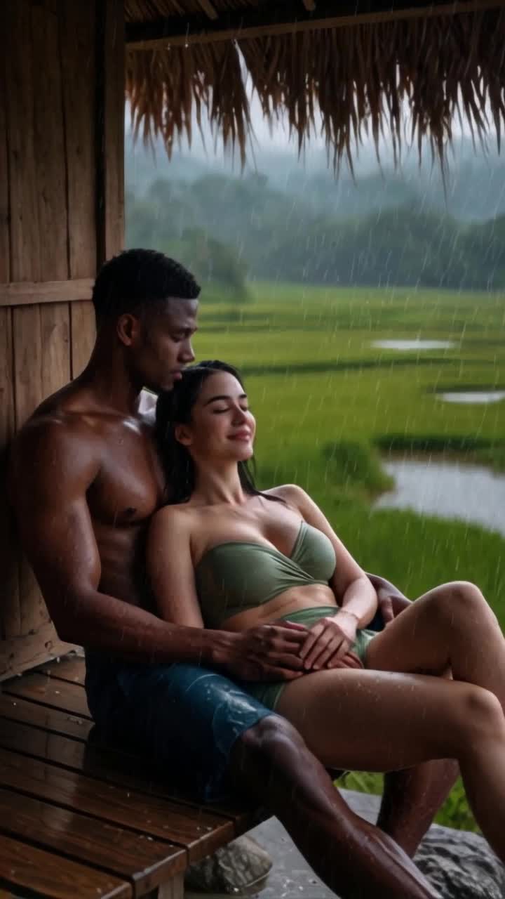 heavy rain, man hugs woman tightly romantically