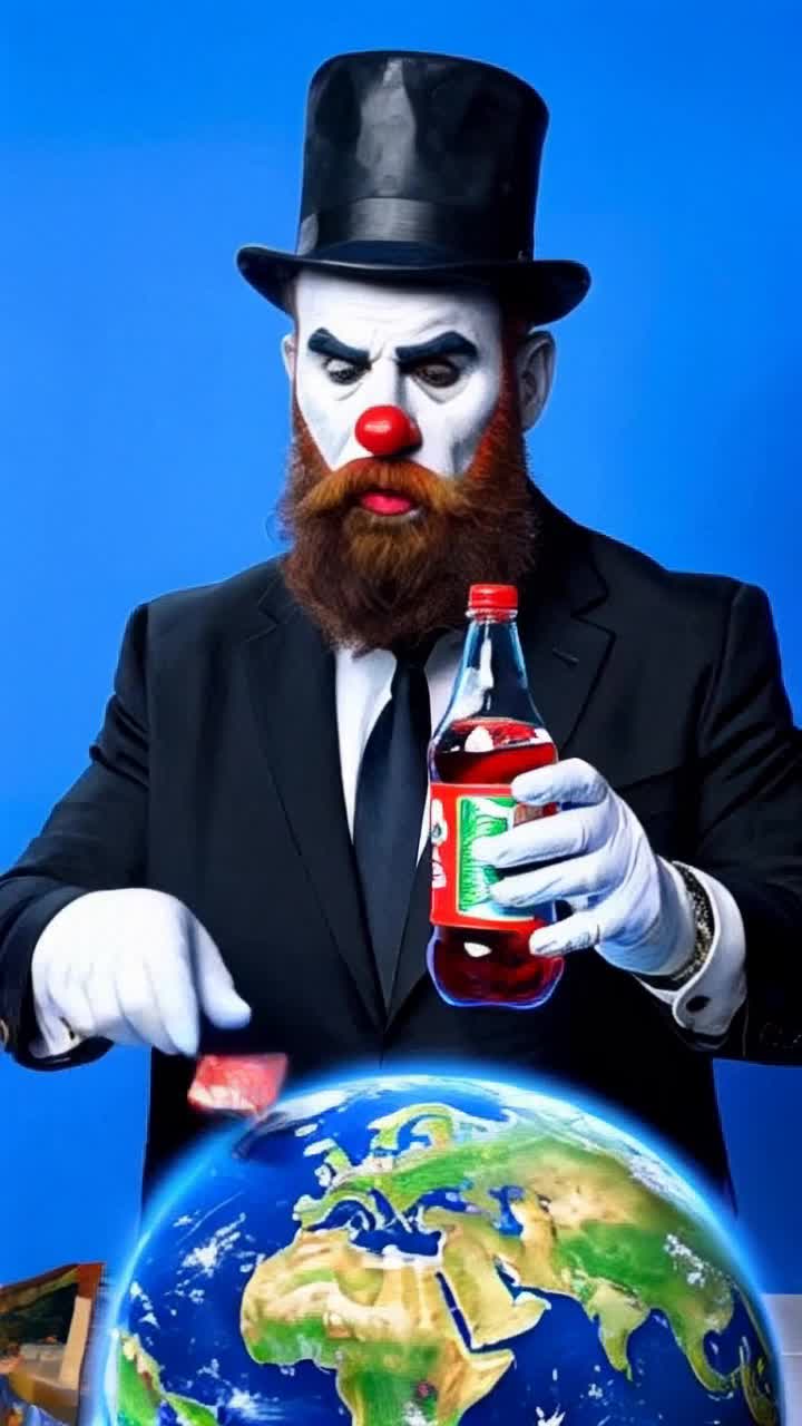 A surrealistic painting depicts Donald Trump as a malicious clown enjoying a drink of CocaCola, playing Monopoly against the backdrop of planet Earth, in an extremely detailed style, with intense focus, combining 3D graphics and 2D animation, inspired by Simon Stalenhag, Lois, Ian McQueen, Tetsuya Nomura, with bright colors, clear contours, and high detail Concentric circles create a pulsating or moving effect