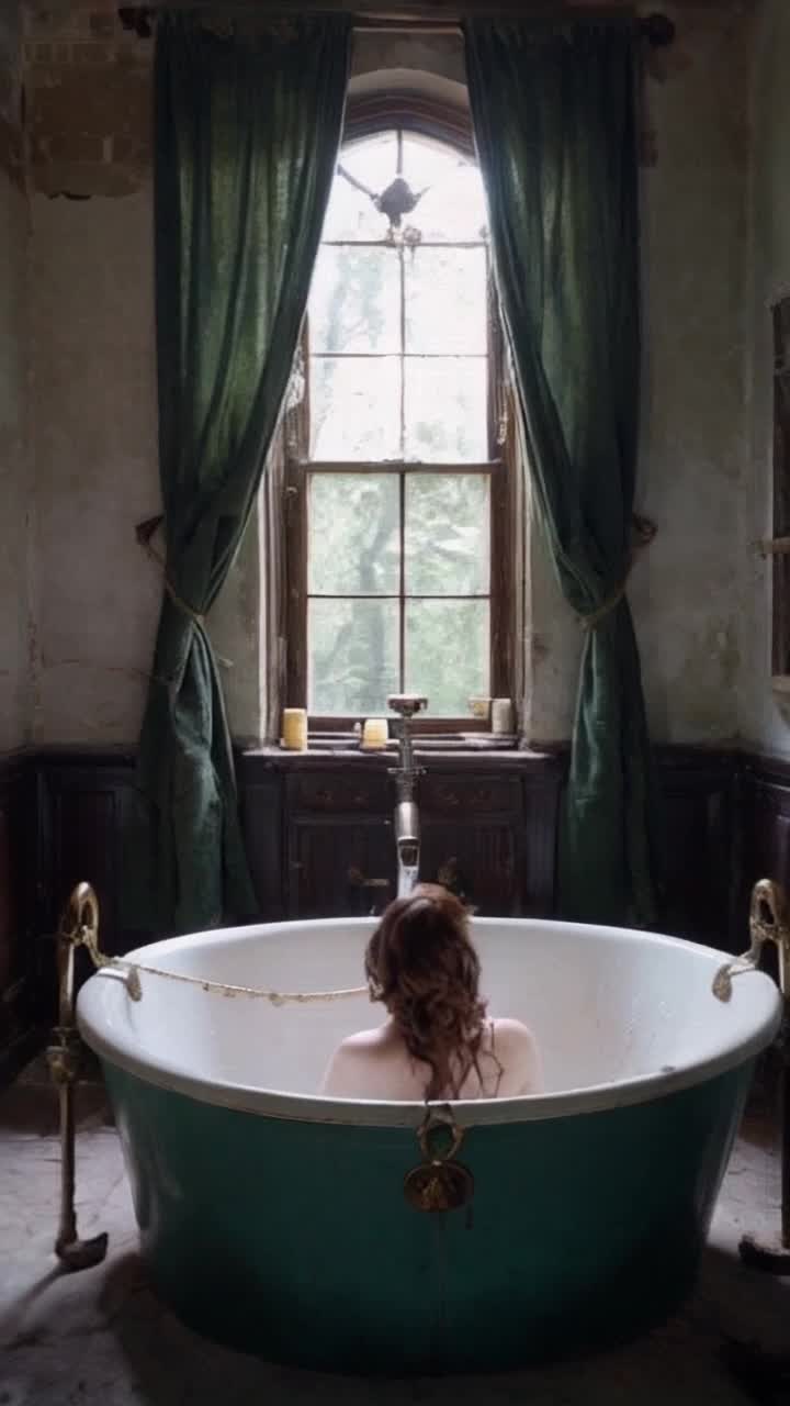 A once luxurious bathroom in an ancient English mansion there is a huge claw footed tub that has brass fittings including the claw feet and knobs that is a fat cracked yellow old fat yelloqed soap there is a form of a pale beautiful woman in the bathtub her brown wavy hair is piled on top of her head and her wavy brown hair is escaping in tendrils  She is clearly a ghost A tall dull leaded paned window with some broken panes provides some light dark green rotted velvet curtains sway in the breeze with cobwebs and dust 