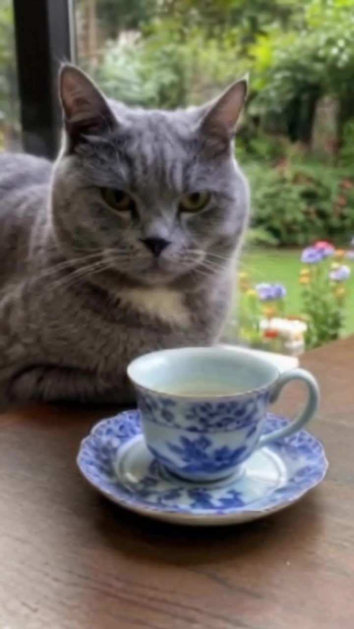 A gray tabby cat has a refreshing cup of tea waiting as the cat handles a pen in paw over a hardcover journal The cat writes, is actually a published author and captivating speaker The cat takes a moment to glance out the window at the flower garden, takes a careful sip of steaming tea and then resumes writing