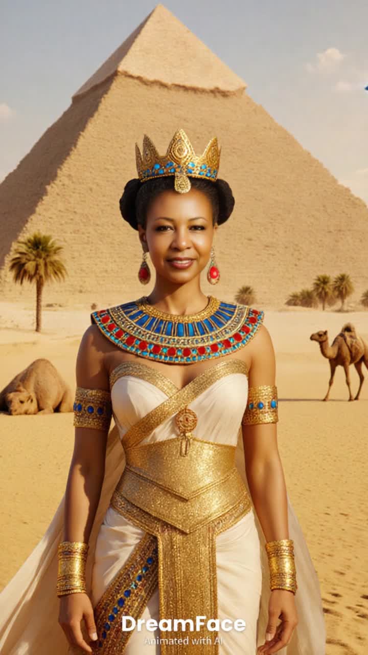 Majestic Egyptian Queen adorned in intricate golden jewelry flowing silk gown shimmering under starlight graceful steps through endless golden sand dunes radiant moonlight illuminating her path luminous alien spaceship gliding silently across the midnight sky distant flashes of colorful lights twinkling stars casting ethereal glow warm desert breeze whispering ancient secrets captivating stillness of a night filled with wonder enchanting contrast between royal elegance and cosmic mystery
