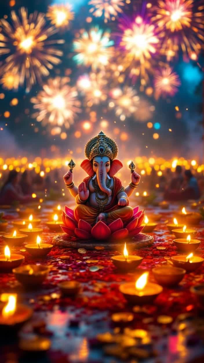 An enchanting gathering of vibrant earthen lamps illuminates the scene Each diya flickers with a golden flame revealing intricate patterns as music begins to play A majestic image of Lord Ganesha slowly emerges on a resplendent red lotus showered with divine light capturing every detail of his ornate attire Nearby Goddess Mahalakshmi appears radiantly on a white lotus surrounded by a cascade of golden coins and fragrant petals A festive Mandap unfolds in a background of flickering diyas as calm shlokas fill the air showcasing the spirit of Diwali Glorious fireworks burst to life displaying sparkling visuals culminating in an uplifting celebration of joy