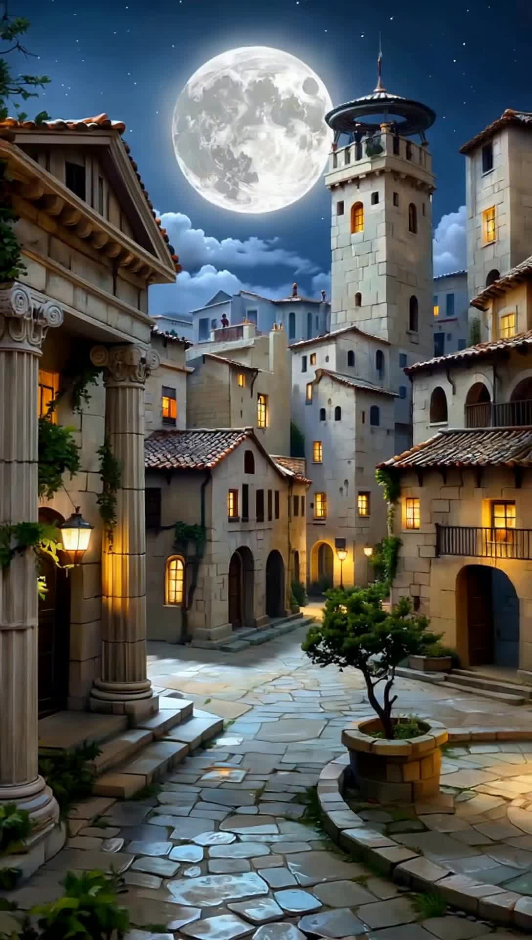 a moonlit ancient greek town