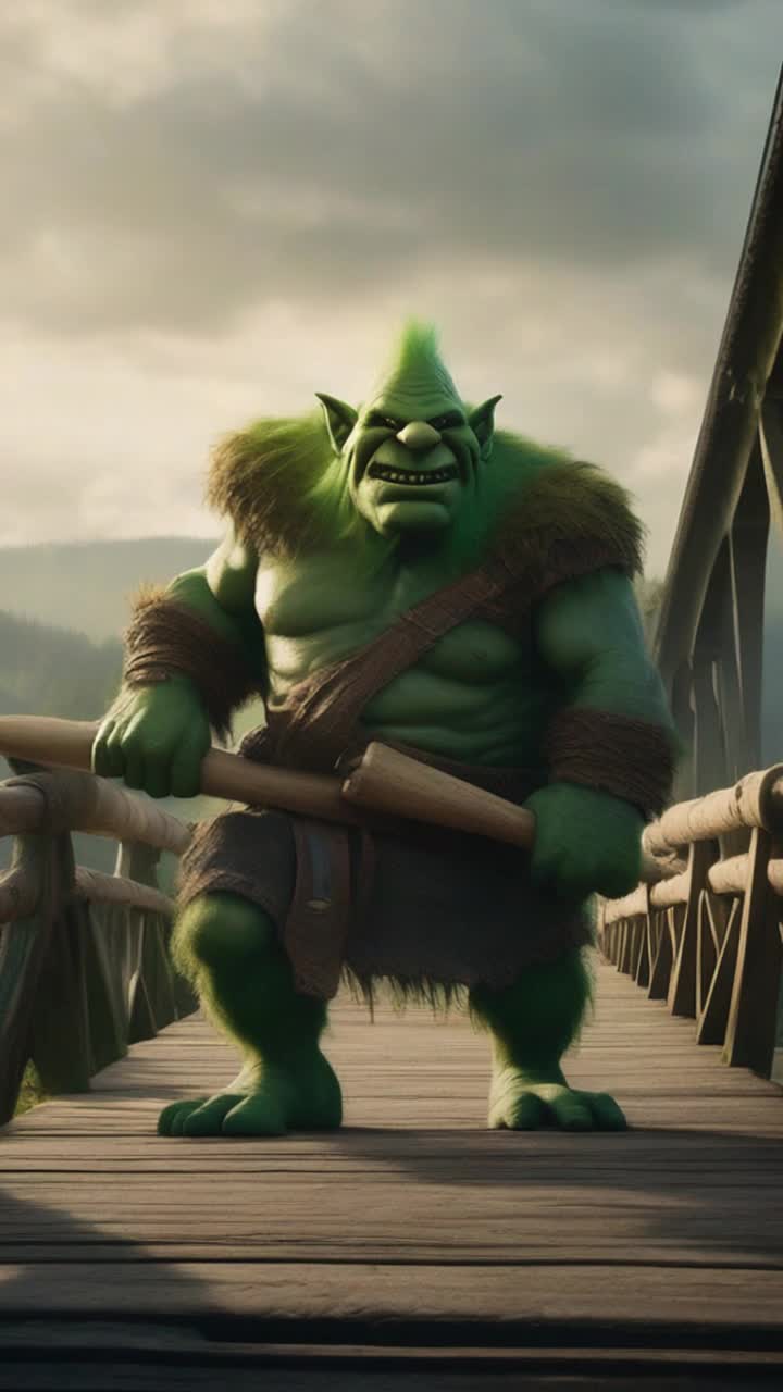 In medevil times a giant green troll guards a bridge whilst carrying a large wooden club
