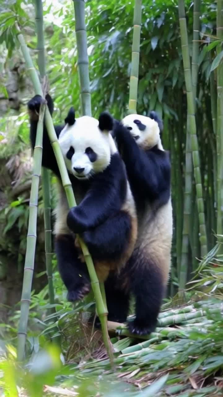 Playful panda duo frolicking through lush bamboo forest showcasing antics with humorous expressions bringing joy to viewers in vibrant tropical paradise sunlight filtering through dense foliage birds chirping and leaves rustling creating a lively atmosphere