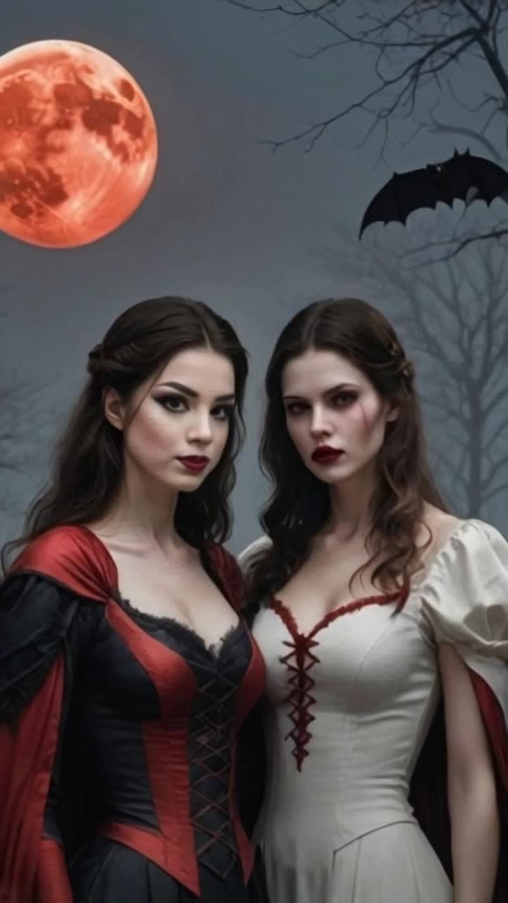 Elegant vampiress with flowing black gown and striking red accents stands proudly next to her enchanting daughter wearing a delicate lace dress Both share a knowing gaze as the  red moon casts an eerie glow illuminating her porcelain skin A solitary black bat glides gracefully above them silhouetted against the shimmering night sky surrounded by swirling mist and ominous shadows creating an atmosphere of ancient mystery and dark enchantment