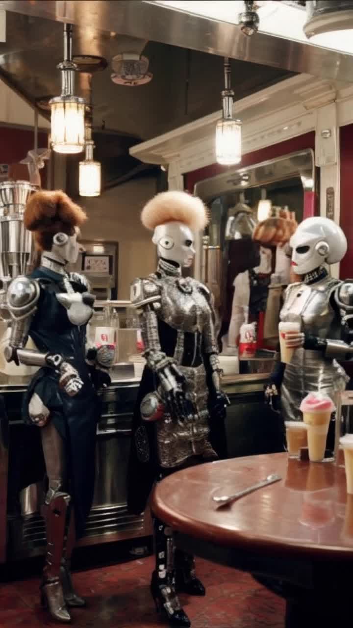 Retro futuristic robots and machines in a vintage diner wearing fashion fashionista dresses dress rockabilly glam 1950 sock hop soda fountain milkshake ice cream parlor chrome beehive hairstyle 