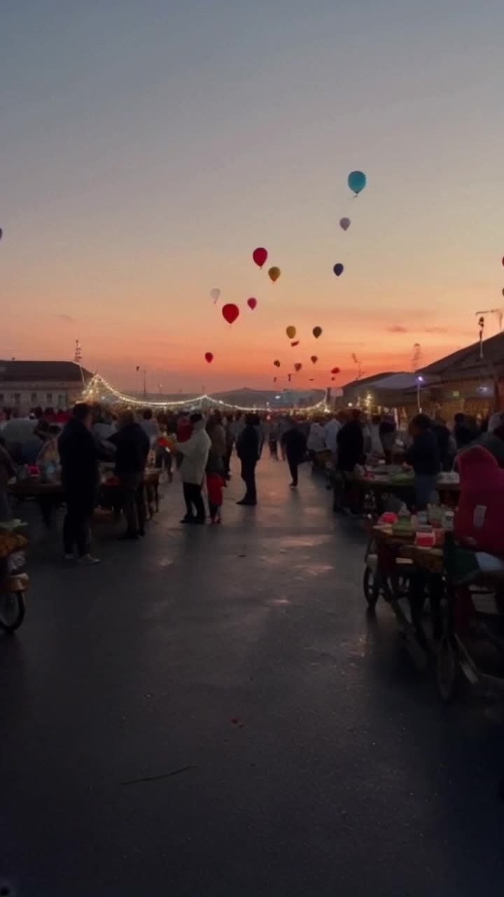 Colorful balloons floating in the sky vibrant people gathering for sahur excitedly preparing meals joyous laughter filling the air delightful aromas wafting through the atmosphere playfully released balloons soaring higher gentle breeze carrying festive energy radiant dawn breaking on the horizon illuminating the scene as children chase after a mischievous marker who darts between excited feet hilarious games unfolding under twinkling lights laughter echoing through the streets as night slowly fades into day warmth of community wrapping around everyone like a cozy blanket anticipation building for a beautiful new day celebrating togetherness in lighthearted moments