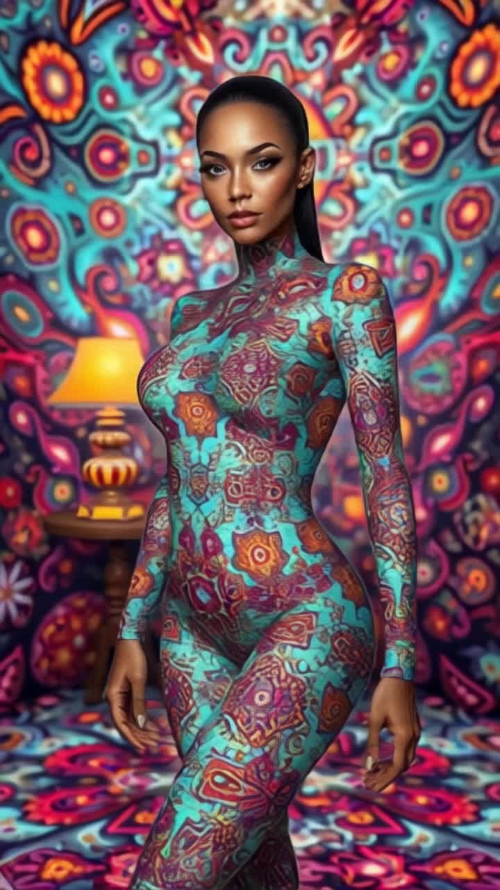 Woman in vibrant bodysuit smiles,  her animated suit twirls into the background like paint dripping away from her freshly painted body, the walls design pulsate and bulge like light fitting rubber, lamp radiates pulses of frequency patterns that interact with the woman, dmt busy visual s