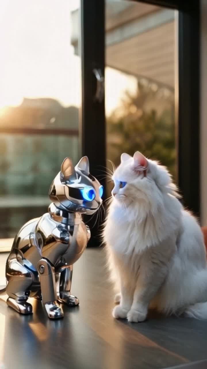 Sleek chrome robot cat with glowing blue LED eyes playful real white Persian cat  Engage in a curious interaction mimicking head tilts and gentle nose touches  Cozy modern living room bathed in warm golden hour sunlight large windows framing a serene view soft ambient emotional background music cinematic slow pans enhance intimacy