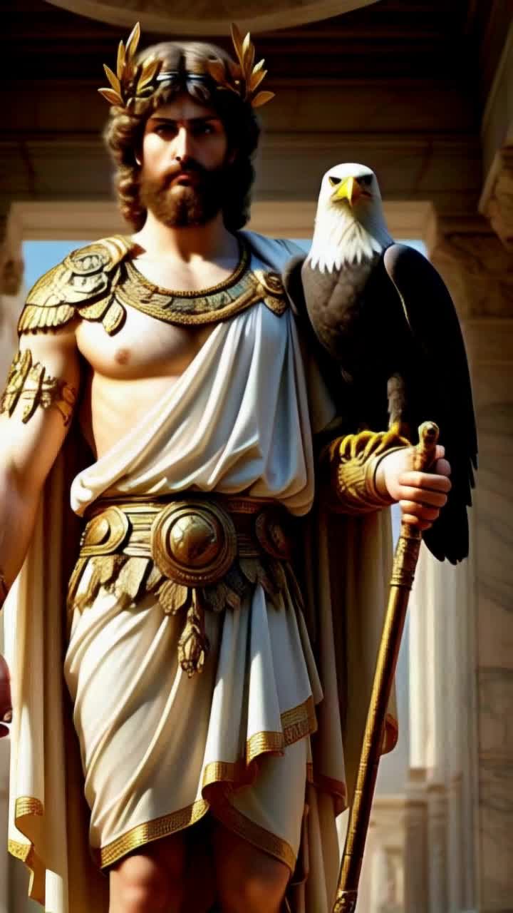 Majestic Greek God adorned with intricate golden armor powerful eagle perched regally on his outstretched arm God gazes down with a commanding presence exuding strength and wisdom Thunderclouds swirl majestically in the background lightning crackles illuminating the ancient temple ruins at his feet olive trees sway gently in the warm breeze Sunlight breaks through clouds casting an ethereal glow upon this divine scene magic crackles in the air inviting awe and reverence