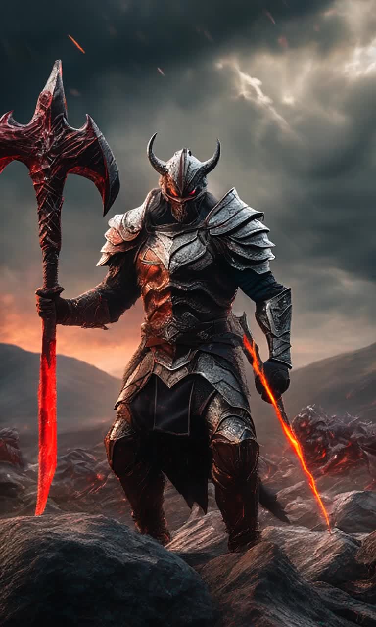 Heroic warrior clad in shimmering armor gripping magnificent axe of retribution radiating defiance standing resolutely against snarling horde of twisted demonic creatures ready to pounce fiery red eyes glowing under a stormy sky swirling with dark clouds lightning crackling in the distance ominous shadows dancing across jagged rocks surrounding the battlefield echoes of distant roars contrasting with the silence before battle tension rising in the air as anticipation builds for the impending clash