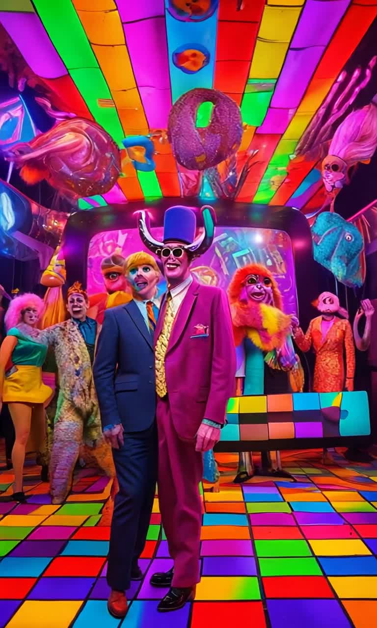 Grotesque creatures with drooping snouts twisted horns long tails adorned in vibrant mod 1960s attire collide in chaotic banter and laughter amidst zany psychedelic game show atmosphere Colorful oversized squares flash neon lights from a backdrop overflowing with psychedelic patterns rich in vibrant hues echoing vintage television sets Ridiculous challenges unfold as these bizarre contestants drool squabble and engage in comical displays of charm and horror capturing the absurdity of this parody