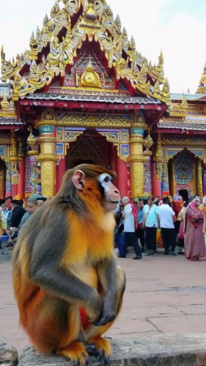 Colorful monkey animatedly chatting in fluent Nepali vibrant temple towering in the background intricate carvings glimmering in sunlight bustling crowd of people engaged in various tasks traditional attire flowing with movement lively atmosphere filled with laughter and chatter rich cultural energy surrounding 