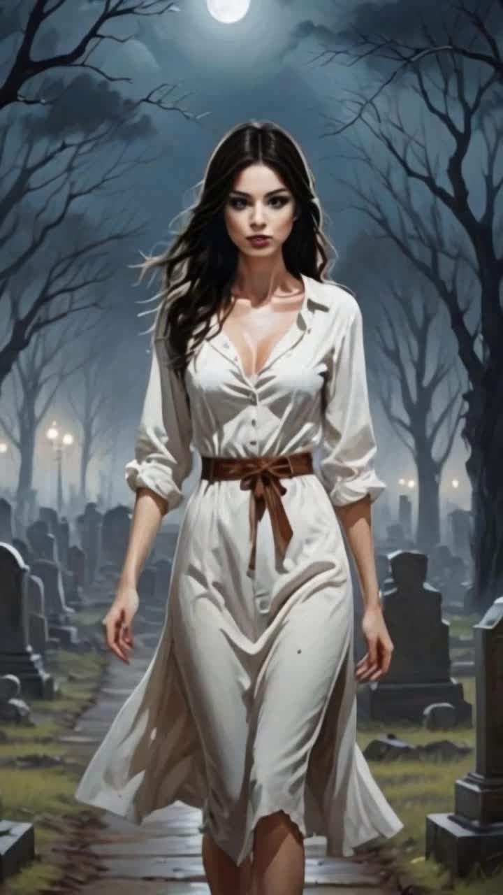 Ethereal ghostly woman adorned in flowing translucent gown gliding gracefully through shadowy graveyard lanterns flickering softly illuminating ancient weathered tombstones surrounded by gnarled trees draped in mist moonlight casting an enchanting glow creating an otherworldly atmosphere rustling leaves whispering secrets of the past as she moves effortlessly among forgotten memories