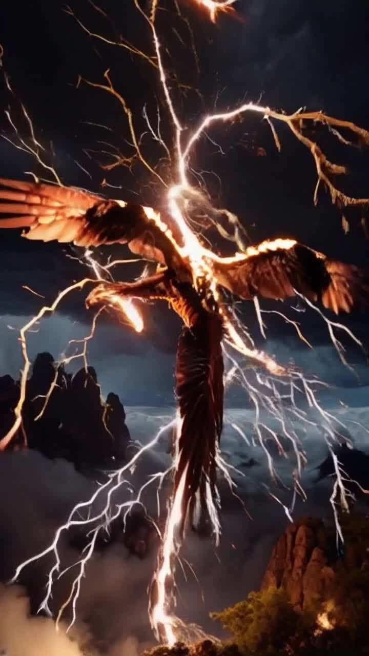 Majestic flame phoenix with shimmering feathers crackling with electricity ascends into the sky spiraling gracefully amidst swirling storm clouds Brilliant bursts of lightning illuminate its radiant form casting an ethereal glow across the darkened landscape Embers dance around its wings creating a mystical aura as it soars higher The wind howls dramatically while flashes of light reveal jagged mountain peaks in the distance Thunder rumbles ominously echoing the power of its flight Each beat of its wings sends sparks flying creating a breathtaking spectacle of fire and lightning against a backdrop of tumultuous skies