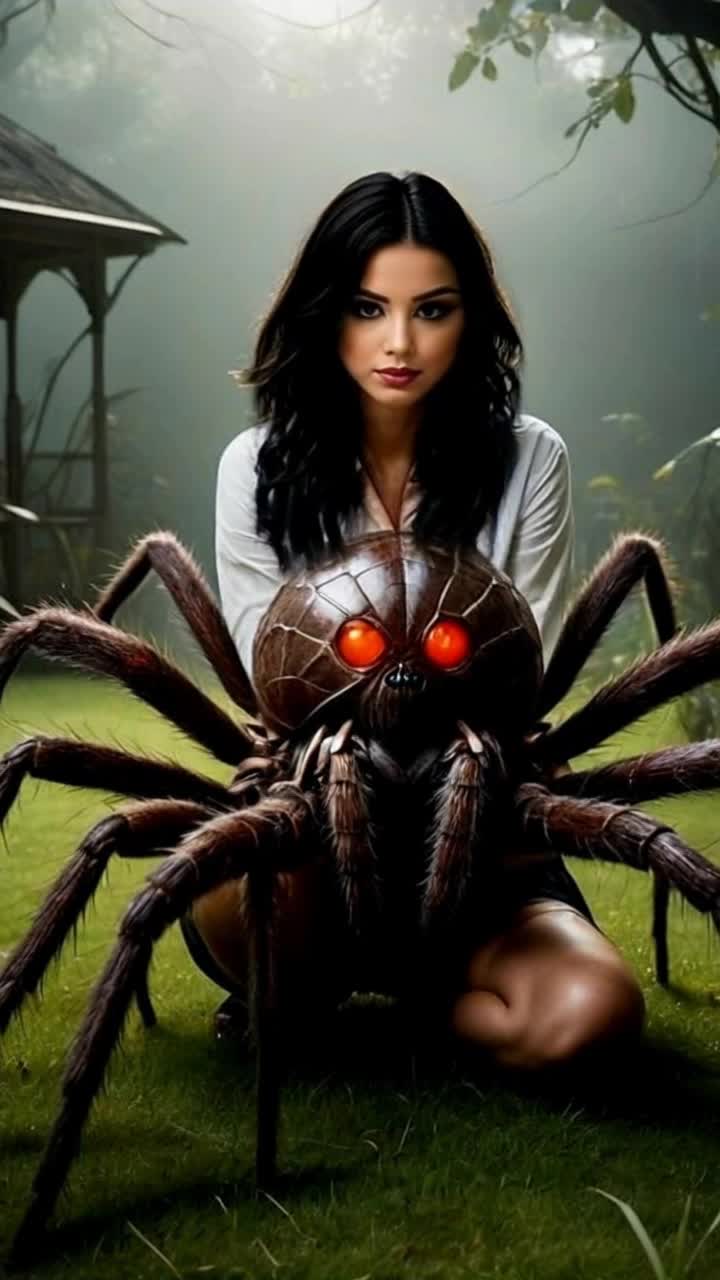 Elegant woman with flowing silk dress cradling a massive spider with glistening legs Watching it gracefully crawl away from her delicate Vibrant forest glade surrounded by lush ferns and dappled sunlight filtering through towering trees Enigmatic atmosphere filled with whispers of nature and fluttering butterflies