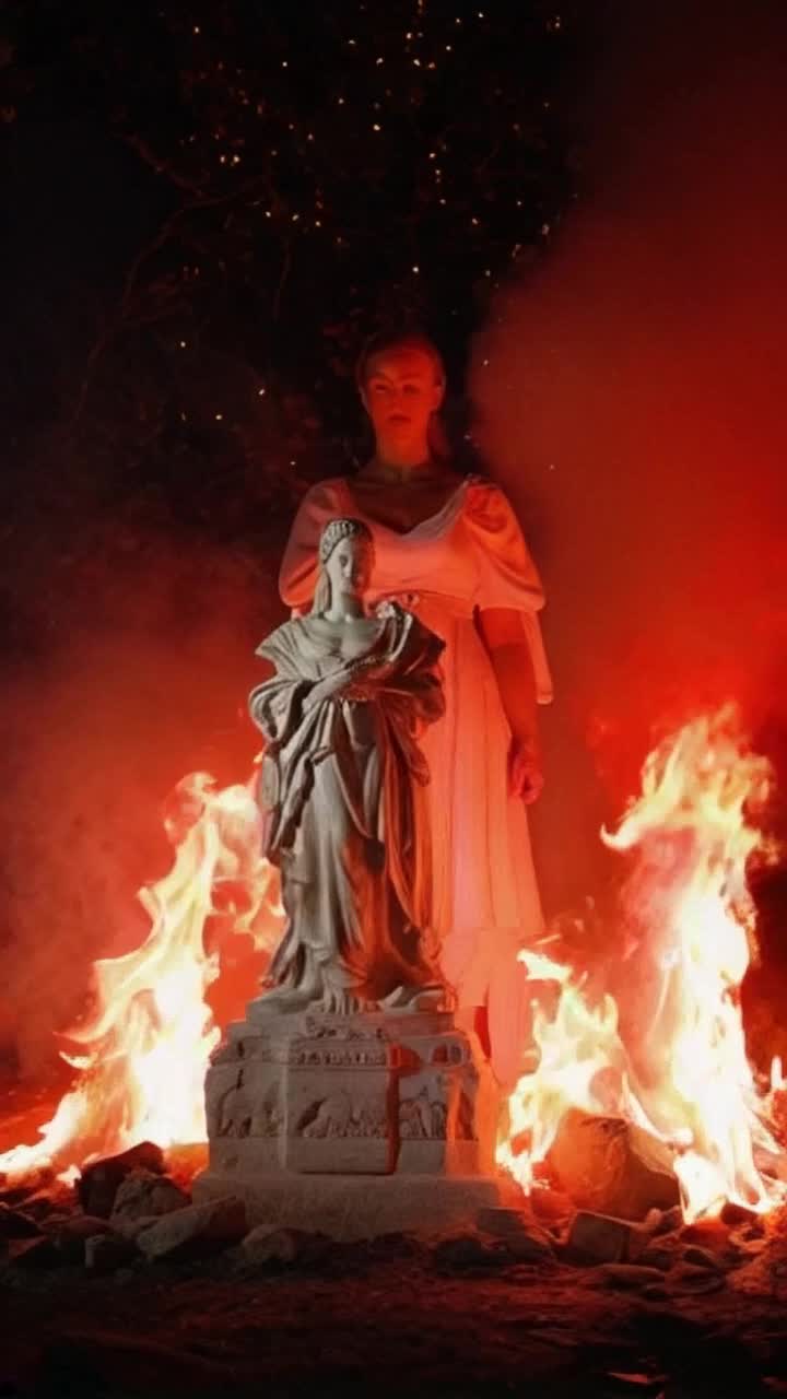 Photo of woman, fiery smoke all around her, morphing into a sculture Davinci2