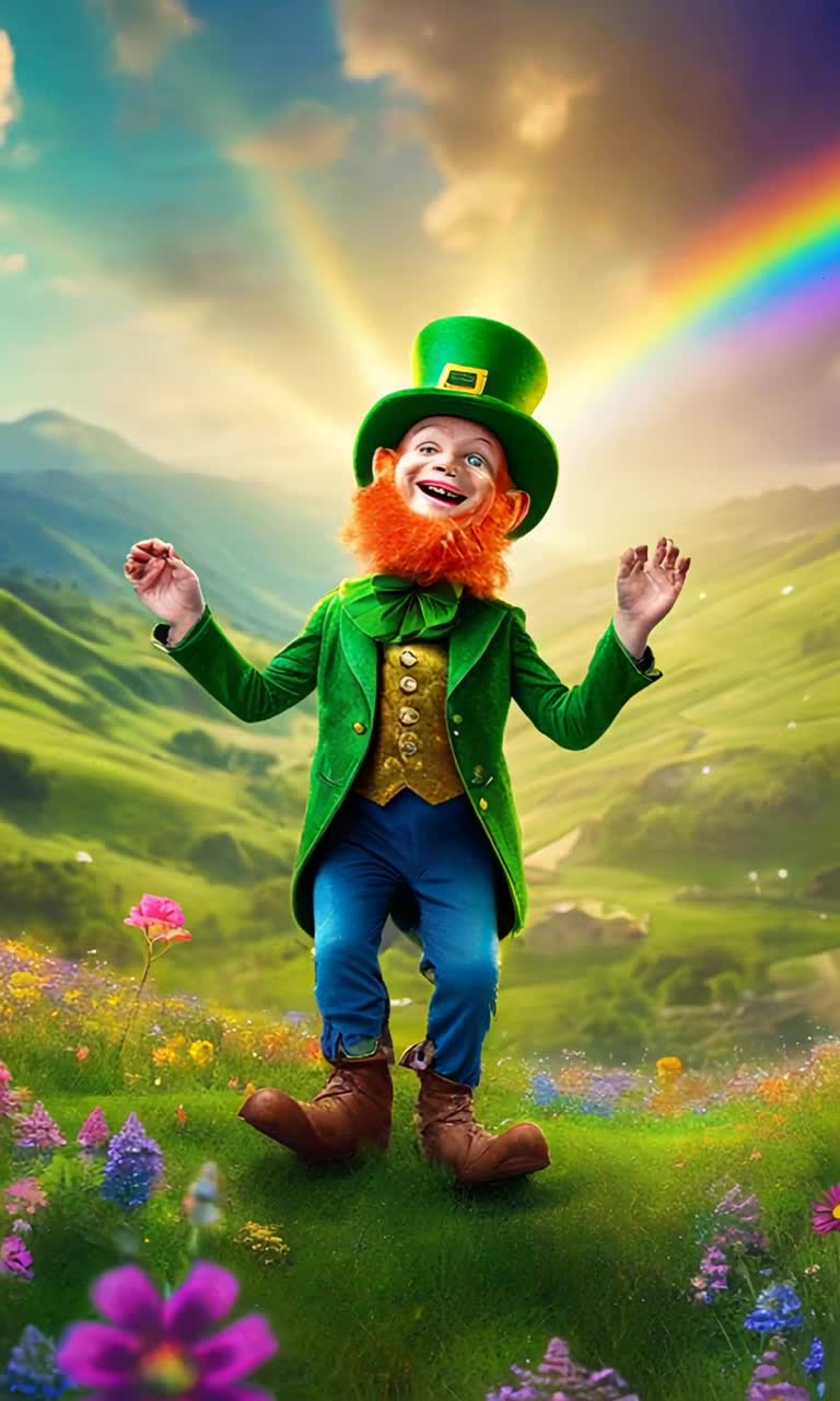 Whimsical leprechaun with twinkling eyes and a mischievous grin glides gracefully down a dazzling rainbow shimmering in all colors of the spectrum plunging into a sparkling mound of gold coins glinting under radiant sunlight surrounded by lush green hills dotted with wildflowers vibrant clouds dancing in a bright blue sky adding a touch of magic to the enchanting scene